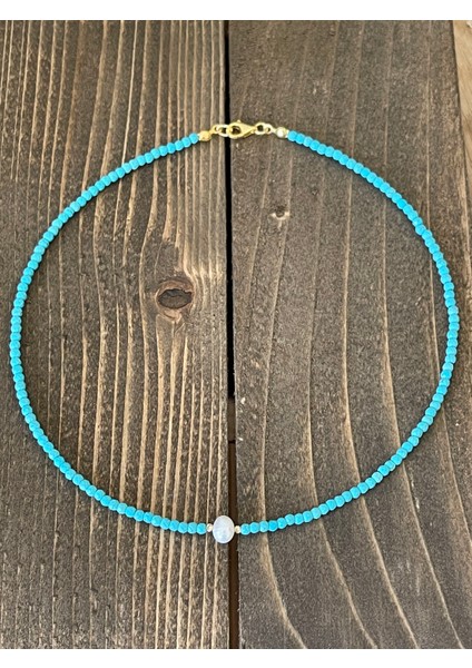 14 Ayar Çift Altın Dorika Detaylı Doğal Turkuaz ve Natural Incili Özel Altın Kolye modelleri