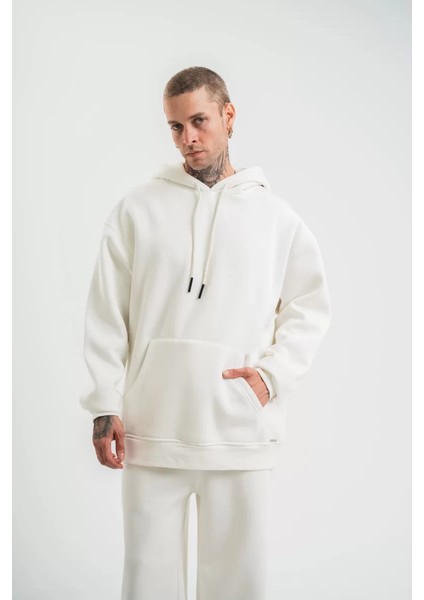 Unisex Double Oversize Kapüşonlu Basic Sweatshirt - Beyaz