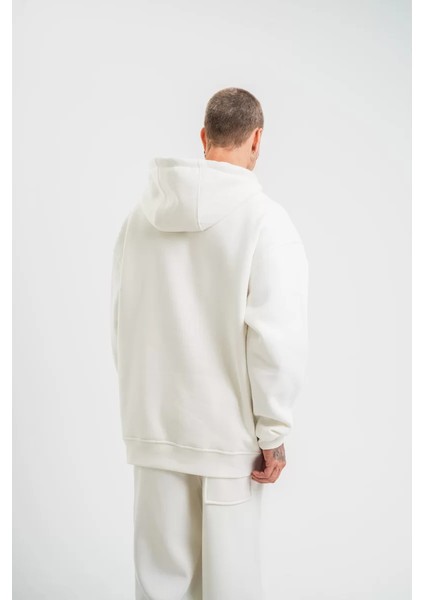 Unisex Double Oversize Kapüşonlu Basic Sweatshirt - Beyaz fiyatları