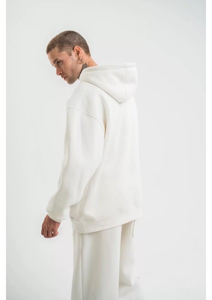 Unisex Double Oversize Kapüşonlu Basic Sweatshirt - Beyaz fırsatları