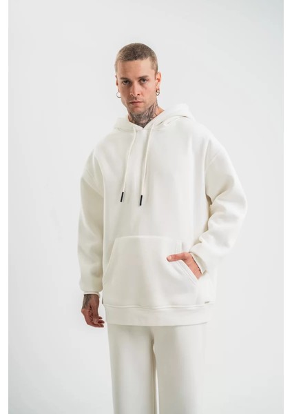 Unisex Double Oversize Kapüşonlu Basic Sweatshirt - Beyaz