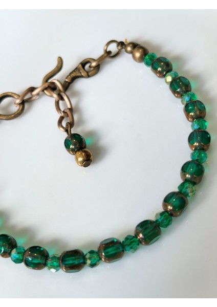 Bileklik Yeşil Gerçek Kristal Taşlı Antik Altın Rengi Bileklik