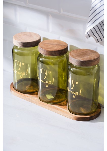 7936 Pierre 3 Lü Akasya Ahşap Kapak ve Tepsili Kavanoz Seti - Green