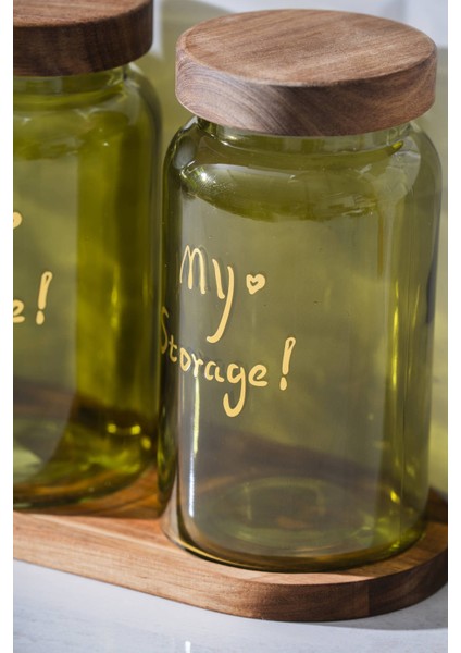 7936 Pierre 3 Lü Akasya Ahşap Kapak ve Tepsili Kavanoz Seti - Green fiyatları