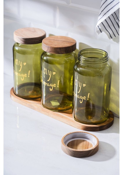 7936 Pierre 3 Lü Akasya Ahşap Kapak ve Tepsili Kavanoz Seti - Green modelleri