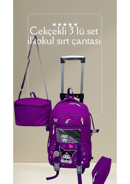 2 Kademeli Çekcekli Tekerlekli Karekter Desenli Kalemlik ve Beslenme Çantalı Portatif 3'lü Set Ilkokul Sırt Çantası