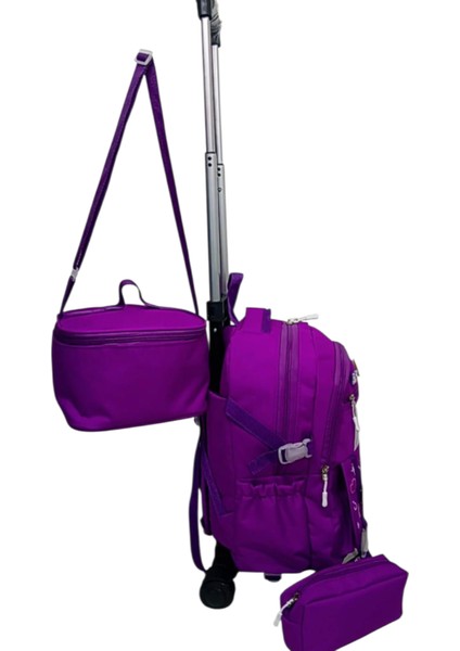 2 Kademeli Çekcekli Tekerlekli Karekter Desenli Kalemlik ve Beslenme Çantalı Portatif 3'lü Set Ilkokul Sırt Çantası modelleri