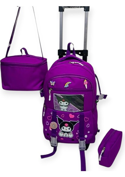 2 Kademeli Çekcekli Tekerlekli Karekter Desenli Kalemlik ve Beslenme Çantalı Portatif 3'lü Set Ilkokul Sırt Çantası indirimleri