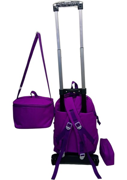 2 Kademeli Çekcekli Tekerlekli Karekter Desenli Kalemlik ve Beslenme Çantalı Portatif 3'lü Set Ilkokul Sırt Çantası