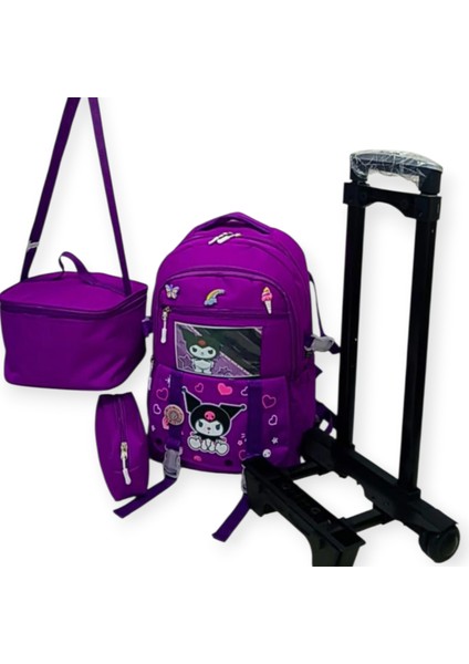 2 Kademeli Çekcekli Tekerlekli Karekter Desenli Kalemlik ve Beslenme Çantalı Portatif 3'lü Set Ilkokul Sırt Çantası