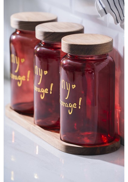 7936 Pierre 3 Lü Akasya Ahşap Kapak ve Tepsili Kavanoz Seti - Red fiyatları