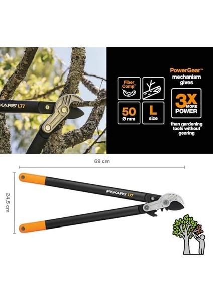 Örslü Budama Makası, Kuru ve Sert Ağaçlar Için, Powergear Iı Raf Sistemi, Kesme Çapı: 5 Cm, Yapışmaz Sertleştirilmiş Çelik Bıçaklar, Uzunluk: 69 Cm, Siyah/turuncu, L77, 1000583 modelleri