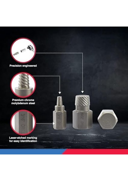 04204A Hex-Head Multispline Vida ve Cıvata Çıkarıcı Seti, Kolay Çıkan Vida Çıkarma, Kırık Cıvata Sökücü, Soyulmuş Bağlantı Elemanı Aracı, 1/32 Inç Artışlarda 1/8 Inç Ila 7/8 Inç Artırma, Crmo, modelleri