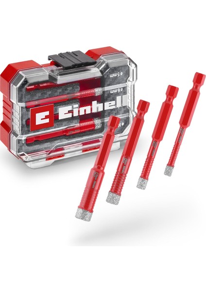 Einhell Xs-Case 4-Parça Elmas Taşlı Uç Seti (Kuru Kesim, 7 mm Elmas Kaplama, Parafin Dolgulu, Süper Ince Turbo Kesme Kenarı, E 6.3 Şaft, Saklama Kutusu Dahil) - 49500404