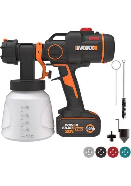 WX020 20VOLT 4.0AH. Li-Ion Tek Akülü Şarjlı Kömürsüz Devir Ayarlı Boya Tabancası + 4 Parça Yedek Nozul/meme