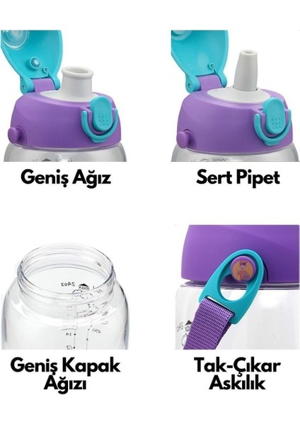 700ML Çocuk Matara, Kılıflı, Askılı, Pipetli Veya Pipetsiz, Çift Kapakli, Mor Renk indirimleri