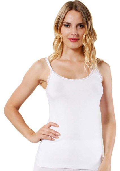 Kadın Modal Pamuklu Ince Askılı Dantelli Atlet Beyaz | 24675