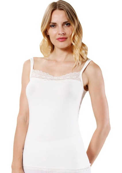 Modal Dantel Yaka Ip Askılı Atlet Ekru | 23422