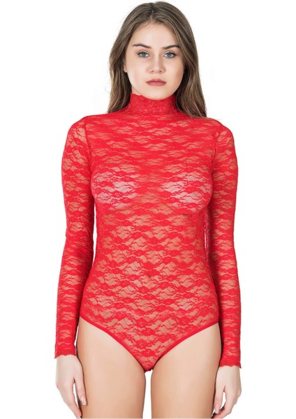 Iç Giyim Derya Kurşun Dantel Işlemeli Tül Kumaş Uzun Kol Balıkçı Yaka Çıt Çıtlı Body Atlet