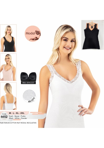 Iç Giyim Kota Modal Kaşkorse Kumaş Derin V Yaka Kendinden Sütyenli Kalın Dantel Askılı Atlet