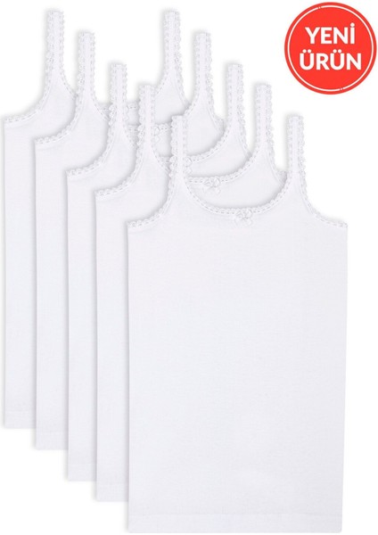 5'li Paket Kız Çocuk %100 Pamuklu Ribana Yakası Dantel Detaylı Ince Askılı Örme Atlet