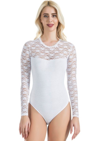 Iç Giyim Derya Kurşun Dantel Işlemeli Oval Yaka Uzun Dantel Kol Çıt Çıtlı Body Atlet