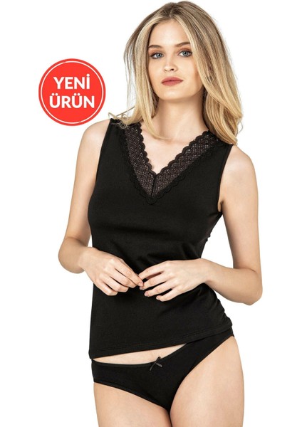 Kadın Pamuklu Modal Esnek Yumuşak Önü Dantel Detaylı V Yaka Kalın Askılı Atlet