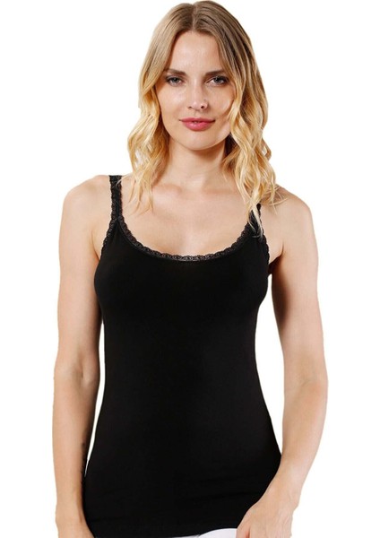 Kadın Modal Pamuklu Ince Askılı Dantelli Atlet Siyah | 24675