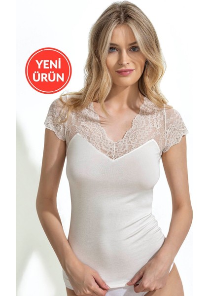 Kadın Pamuklu Modal Esnek Yumuşak Önü Dantel Detaylı V Yaka Atlet