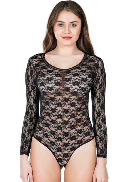 Iç Giyim Derya Kurşun Dantel Işlemeli Tül Kumaş Uzun Kol Oval Yaka Çıt Çıtlı Body Atlet