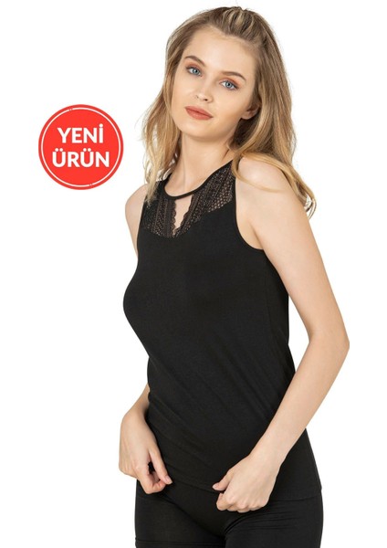 Kadın Pamuklu Modal Esnek Yumuşak Önü Dantelli Kalın Askılı Atlet