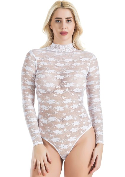 Iç Giyim Derya Kurşun Dantel Işlemeli Tül Kumaş Uzun Kol Balıkçı Yaka Çıt Çıtlı Body Atlet