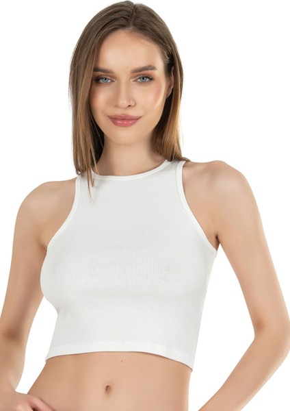 Kadın Pamuklu Fitilli Vücuda Oturan Halter Yaka Esnek Örme Crop Atlet