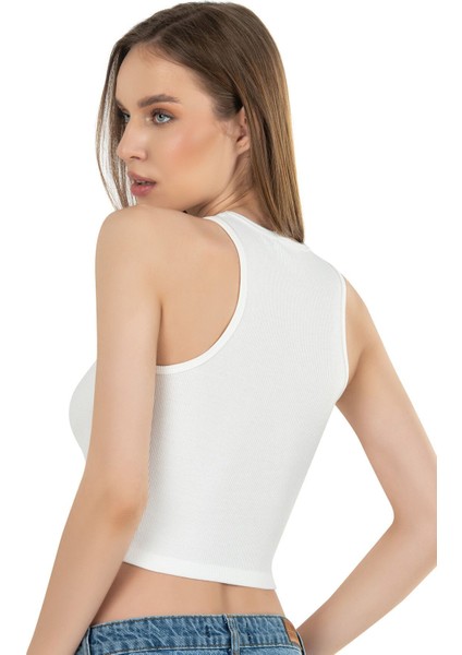 Kadın Pamuklu Fitilli Vücuda Oturan Halter Yaka Esnek Örme Crop Atlet fiyatları