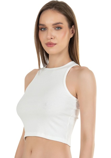 Kadın Pamuklu Fitilli Vücuda Oturan Halter Yaka Esnek Örme Crop Atlet modelleri