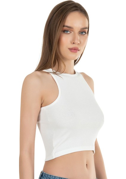 Kadın Pamuklu Fitilli Vücuda Oturan Halter Yaka Esnek Örme Crop Atlet fırsatları