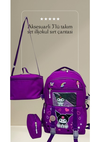 ilk Okul Çantası 3'lü Set Karekter Desenli Kalemlikli,beslenme Çantalı Mor ilk Okul Çantası fiyatları