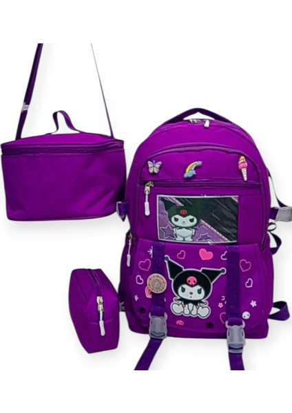 ilk Okul Çantası 3'lü Set Karekter Desenli Kalemlikli,beslenme Çantalı Mor ilk Okul Çantası modelleri