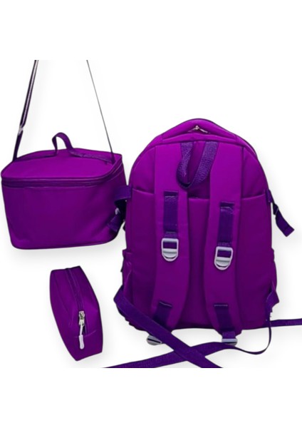 ilk Okul Çantası 3'lü Set Karekter Desenli Kalemlikli,beslenme Çantalı Mor ilk Okul Çantası indirimleri