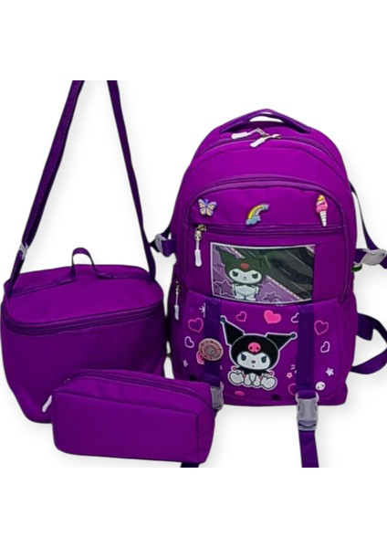 ilk Okul Çantası 3'lü Set Karekter Desenli Kalemlikli,beslenme Çantalı Mor ilk Okul Çantası