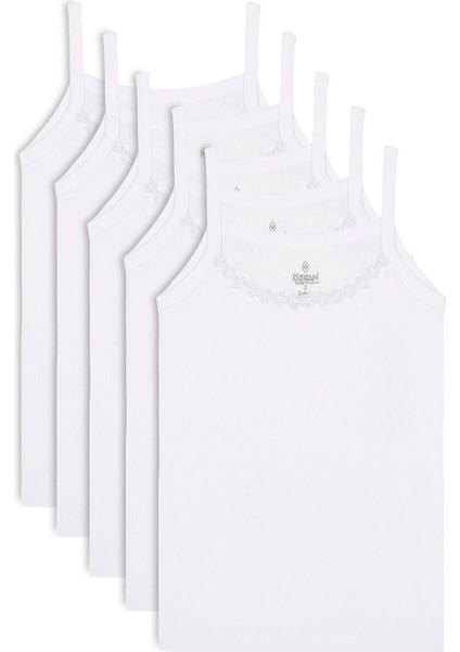 6'li Paket Kız Çocuk Ribana %100 Pamuklu Esnek Rahat Ip Askılı Yakası Brode Papatya Detaylı Atlet