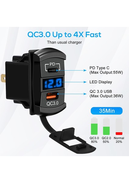 Araç Şarj Soketi, Pd Tip C ve Qc3.0 USB Araç Güç Çıkışı, 12V Araç Deniz Teknesi Için LED Dijital Voltmetre ile