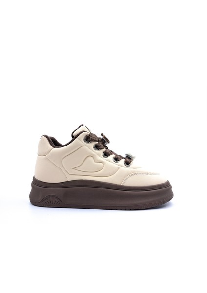 G25K421 Emoji Süs Detaylı Bej Kahve Kadın Sneaker Ayakkabı