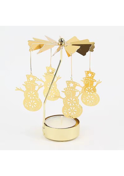 Dönen Kar Tanesi ve Kardan Adam Figürlü Metal Tealight Mumluk – Altın Renk