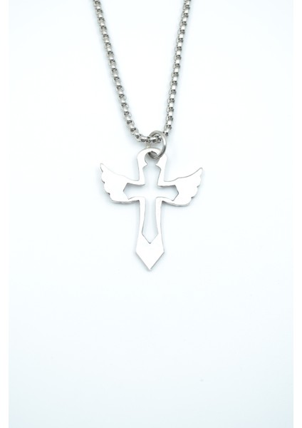 Kanatlı Haç Örme Zincir Kolye - Gümüş Kaplama - Erkek Kadın Kolye - NO:1347