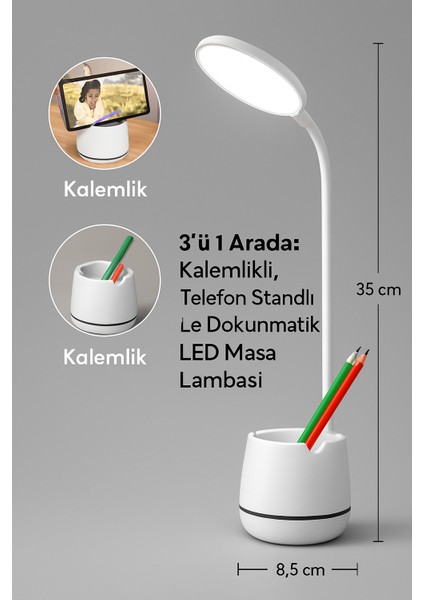3'ü 1 Arada: Kalemlikli, Telefon Standlı ve Dokunmatik LED Masa Lambası
