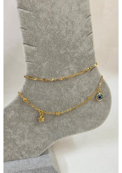 Altın Renk Zirkon Yıldız Nazar Model Singapur ve Top Zincir Çelik Halhal fiyatları