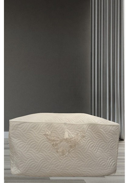 Krem Renk Yorgan Hurcu, Battal Boy, Incili Püsküllü, Fransız Hilal Kumaş 50X100