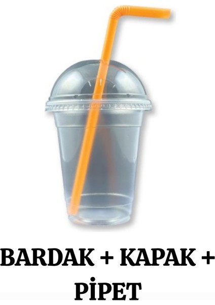 Plastik Milkshake Bardağı Pipetli Kapaklı 50'li Içecek Şeffaf Meşrubat Bardağı Cup 350 Cc(Ml)