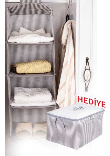 4 Bölmeli Gri Çizgili Katlanabilir Dolap Düzenleyici